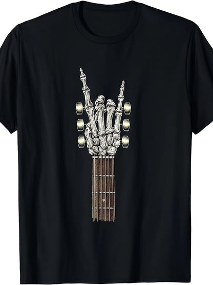 Men's Graphic T-Shirt Skeleton Hand Gesturing Rock With Guitar Fretboard Under Evening Lights