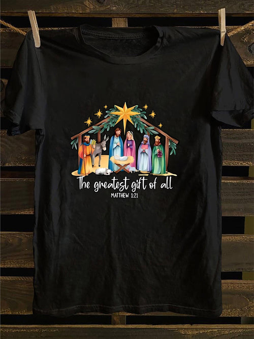 Men's Graphic T-Shirt The Greatest Gift Of All Nativity Scene With Bright Stars Above Manger