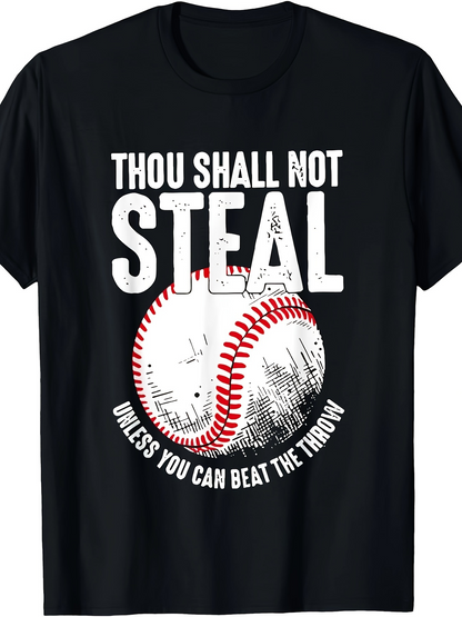 Men's Graphic T-Shirt Thou Shall Not Steal With Red Stitched Baseball Under Vintage Text