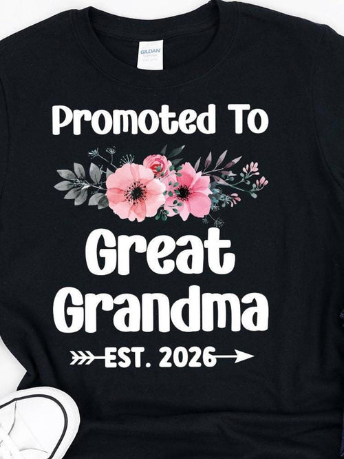 Women's Graphic T-Shirt Promoted To Great Grandma With Pink Blossoms And Lush Greenery Flower