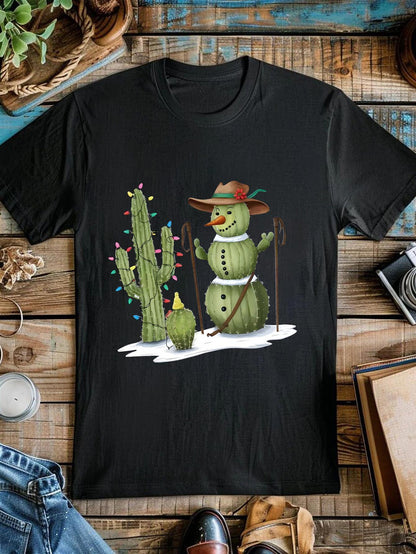 Men's Graphic T-Shirt Snowman With Cowboy Hat And Christmas Lights Near Cactus