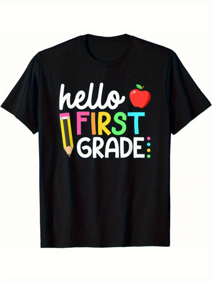Men's Graphic T-Shirt Hello First Grade Colorful Apple And Pencil Design