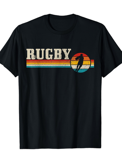 Men's Graphic T-Shirt Retro Striped Colorful Sunset With Rugby Player Silhouette Rugby