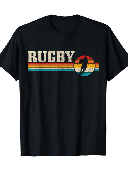 Men's Graphic T-Shirt Retro Striped Colorful Sunset With Rugby Player Silhouette Rugby