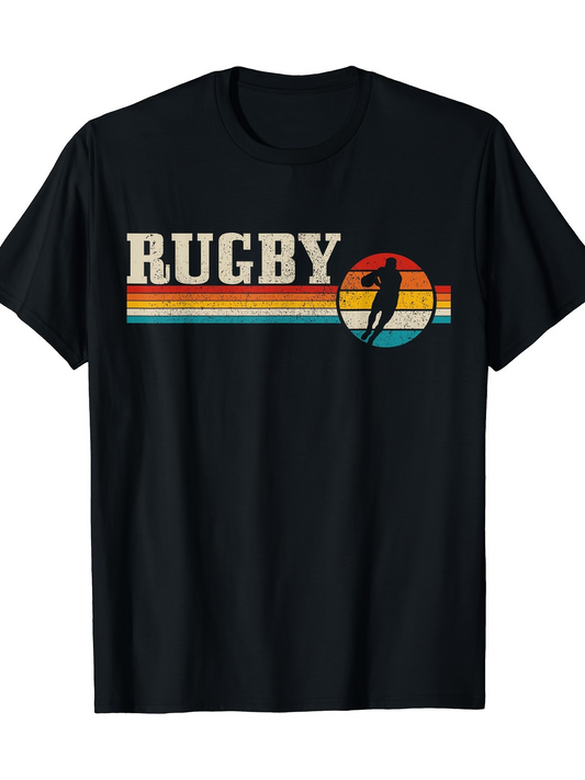 Men's Graphic T-Shirt Retro Striped Colorful Sunset With Rugby Player Silhouette Rugby