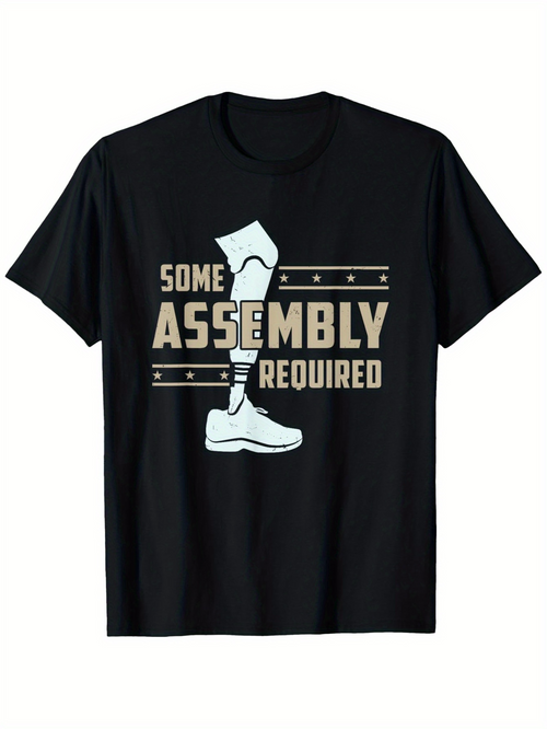 Men's Graphic T-Shirt Some Assembly Required Cartoon Prosthetic Leg With Stripes And Bold Typography