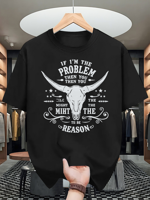 Men's Graphic T-Shirt If Im The Problem Western Skull With Horns Surrounded By Swirls And Text Design