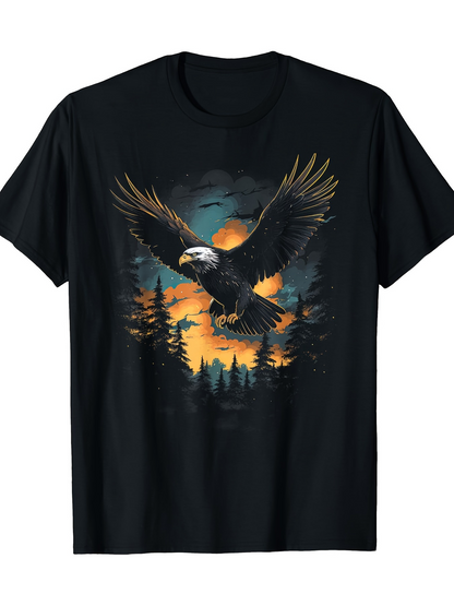 Men's Graphic T-Shirt Majestic Bald Eagle Flying Over Sunset Forest Silhouette With Evergreen Trees