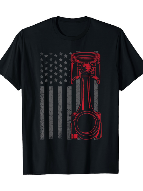 Men's Graphic T-Shirt Vertical Red Engine Piston With Faded American Flag Motif