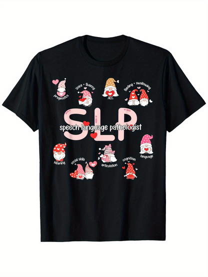 Men's Graphic T-Shirt Speech Language Pathologist Gnomes With Hearts Mushrooms And Stars Under Pink Letters