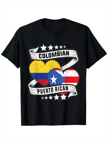 Men's Graphic T-Shirt Colombian Puerto Rican Hearts With Bold White Stars Ribbon