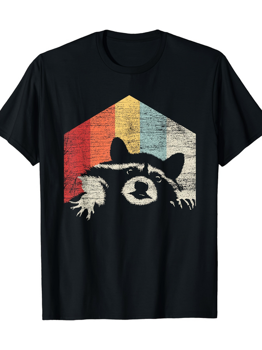 Men's Graphic T-Shirt Vintage Sunset Colors With Retro Geometric Shapes Framing Raccoon