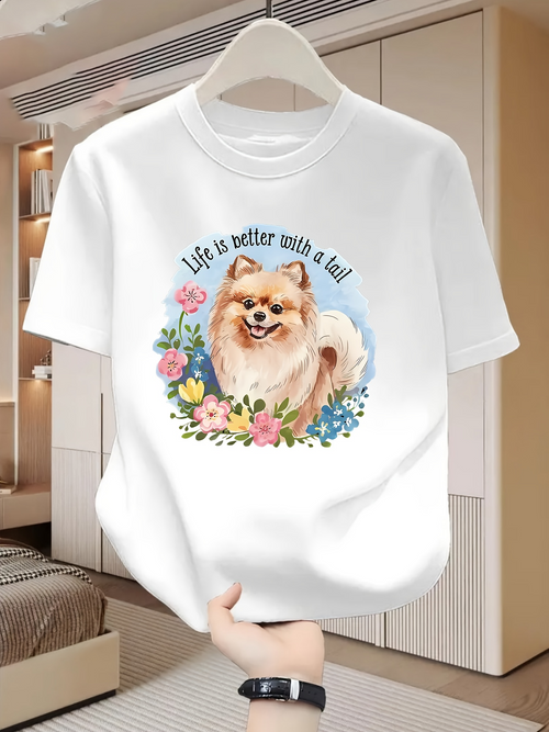 Men's Graphic T-Shirt Life Is Better With A Tail Surrounded By Colorful Wildflowers And Fluffy Pomeranian Dog
