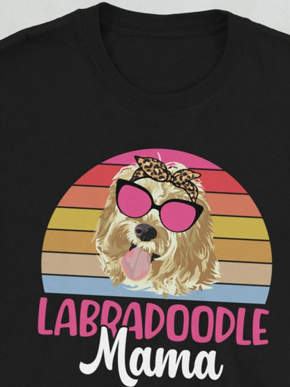 Women's Graphic T-Shirt Labradoodle Mama Retro Sunset With Cool Sunglasses Wearing Dog