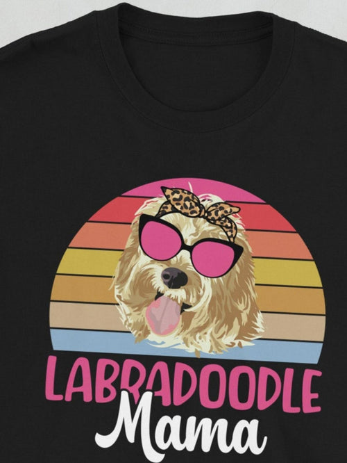 Women's Graphic T-Shirt Labradoodle Mama Retro Sunset With Cool Sunglasses Wearing Dog
