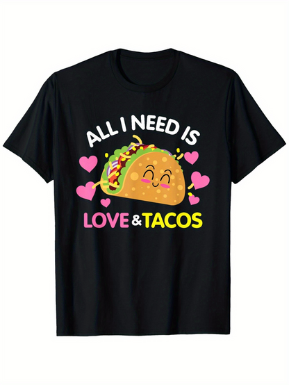Men's Graphic T-Shirt All I Need Is Love With Pink Hearts Smiling Tacos