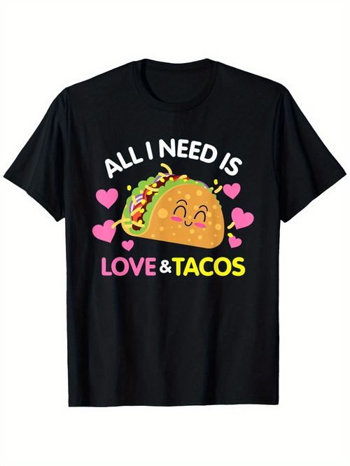 Men's Graphic T-Shirt All I Need Is Love With Pink Hearts Smiling Tacos