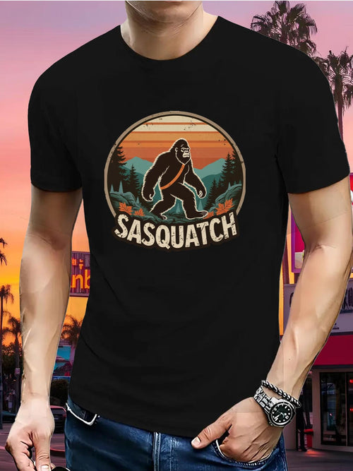 Men's Graphic T-Shirt Sasquatch Retro Forest Landscape At Sunset With Legendary Creature