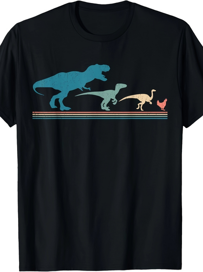 Men's Graphic T-Shirt Colorful Retro Silhouettes With Striped Lines Featuring Three Dinosaurs And A Chicken