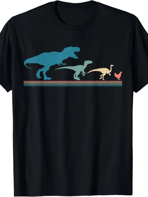 Men's Graphic T-Shirt Colorful Retro Silhouettes With Striped Lines Featuring Three Dinosaurs And A Chicken