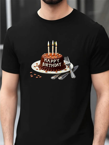 Men's Graphic T-Shirt Happy Birthday Chocolate Cake With Burning Candles And Dessert Fork