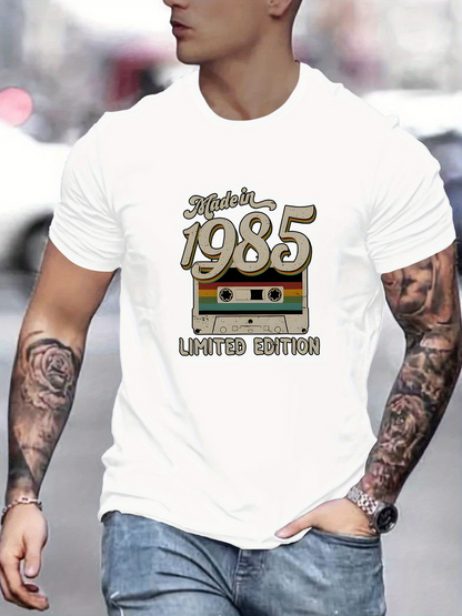 Men's Graphic T-Shirt Lights Enter Retro Cassette Tape Under 1985 Letters On White Shirt
