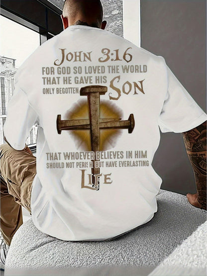 Men's Graphic T-Shirt John 316 For God So Loved The World With Wooden Cross And Glowing Light