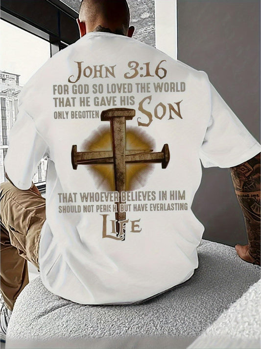 Men's Graphic T-Shirt John 316 For God So Loved The World With Wooden Cross And Glowing Light