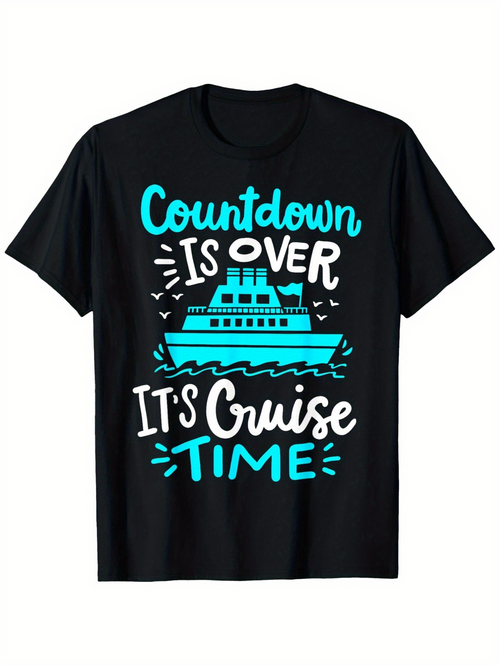 Men's Graphic T-Shirt Countdown Is Over Bright Blue Lettering With Large Sea Cruise Ship