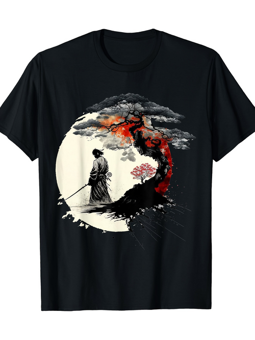 Men's Graphic T-Shirt Majestic Moonlit Landscape With Samurai Plum Tree And Misty Night Sky