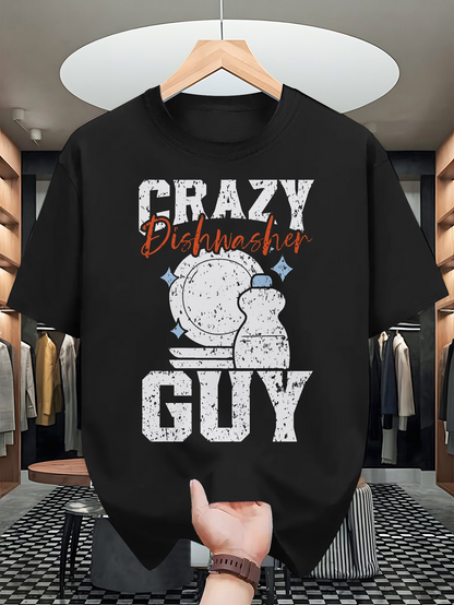 Men's Graphic T-Shirt Crazy Dishwasher Guy With Vintage Plates Design Featuring Bubbles And Bold Lettering