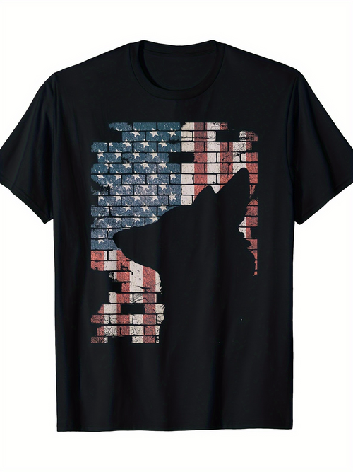 Men's Graphic T-Shirt Brick Wall Patterned American Flag With Dog Silhouette Facing Forward