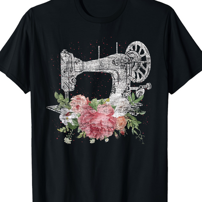 Men's Graphic T-Shirt Delicate Antique Design With Blooming Pink Flowers Sewing Machine