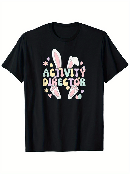 Men's Graphic T-Shirt Activity Director Pastel Flowers With Easter Bunny Ears And Hearts