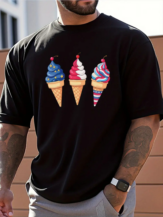 Men's Graphic T-Shirt Colorful Summer Swirls With Red White Blue Ice Cream Cones