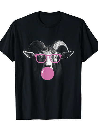 Men's Graphic T-Shirt Playful Pink Bubblegum Chewing Goat With Glasses Illustration