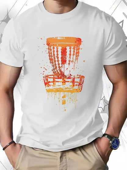 Men's Graphic T-Shirt Splashes Of Orange With Artistic Abstract Disc Golf Basket
