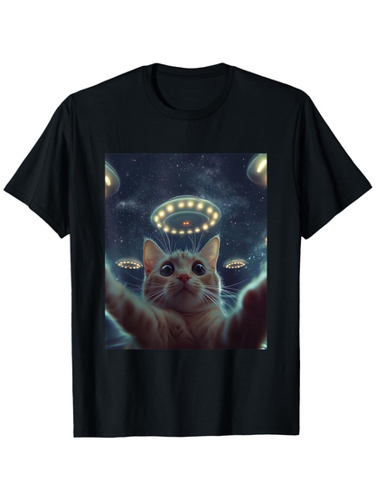 Men's Graphic T-Shirt Feline Reaching Upward With Glowing Spaceships In Night Sky Cat