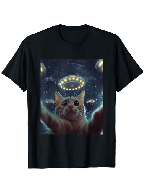Men's Graphic T-Shirt Feline Reaching Upward With Glowing Spaceships In Night Sky Cat