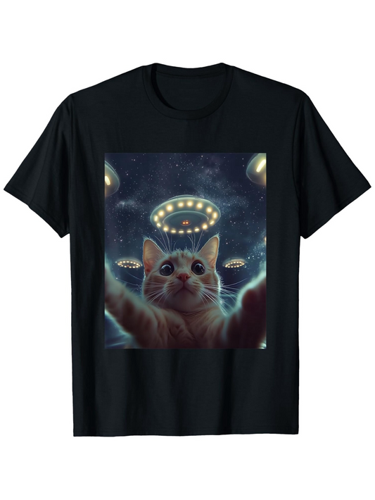 Men's Graphic T-Shirt Feline Reaching Upward With Glowing Spaceships In Night Sky Cat
