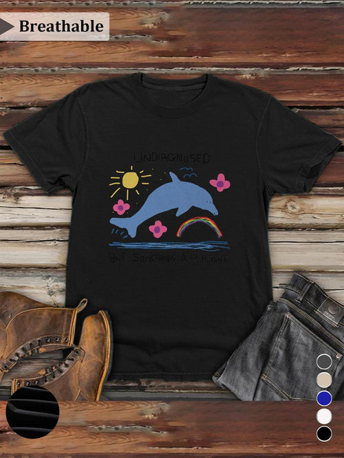 Men's Graphic T-Shirt Sunshine And Pink Flowers Surrounding A Jumping Blue Dolphin