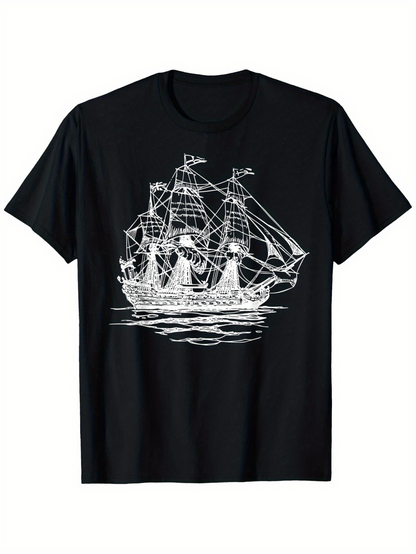 Men's Graphic T-Shirt Vintage Tall Ship With Billowing Sails On Calm Reflective Ocean Waters Ship