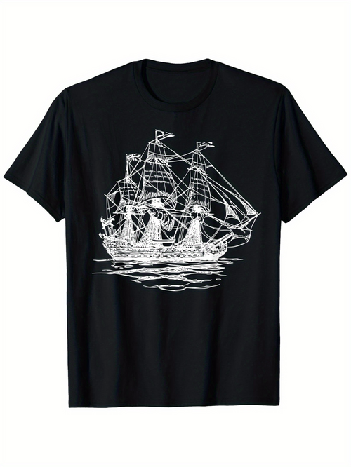 Men's Graphic T-Shirt Vintage Tall Ship With Billowing Sails On Calm Reflective Ocean Waters Ship