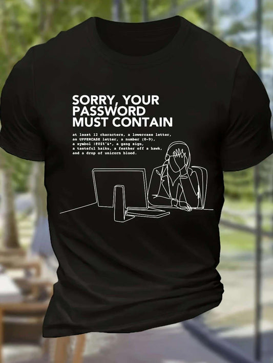 Men's Graphic T-Shirt Sorry Your Password Must Contain Frustrated Figure With Desk Computer Screen