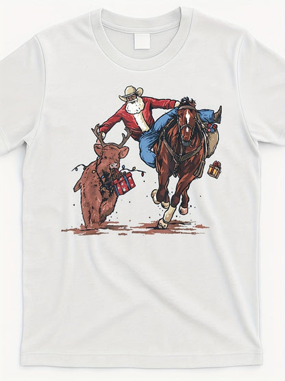 Men's Graphic T-Shirt Cowboy Chasing Wild Rodeo Calf With Lasso In Open Plains