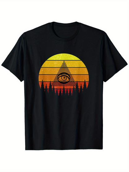 Men's Graphic T-Shirt Sunset With Mysterious Illuminated Eye Above Dark Forest Pyramid