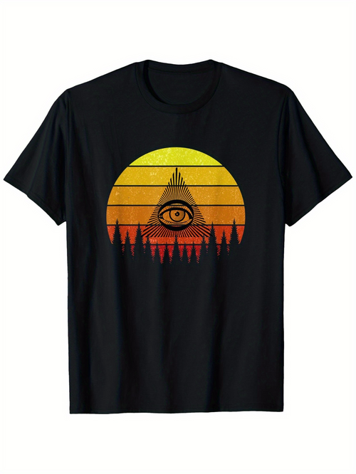 Men's Graphic T-Shirt Sunset With Mysterious Illuminated Eye Above Dark Forest Pyramid