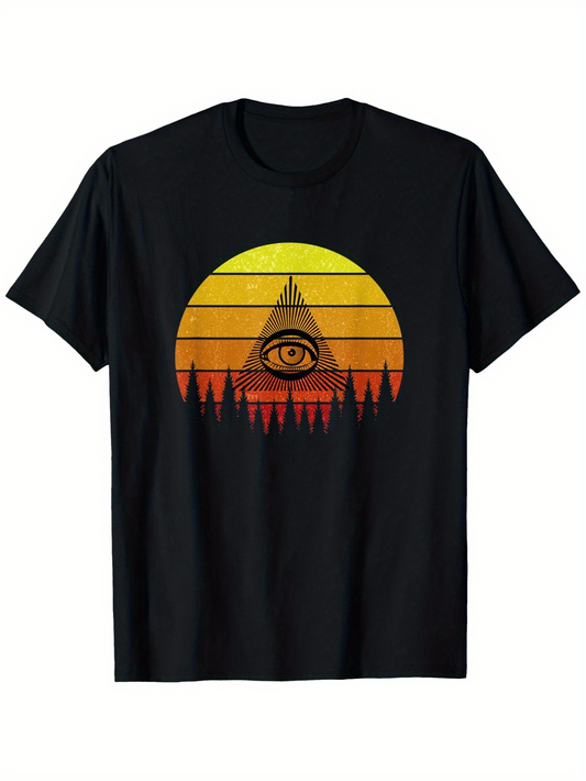 Men's Graphic T-Shirt Sunset With Mysterious Illuminated Eye Above Dark Forest Pyramid