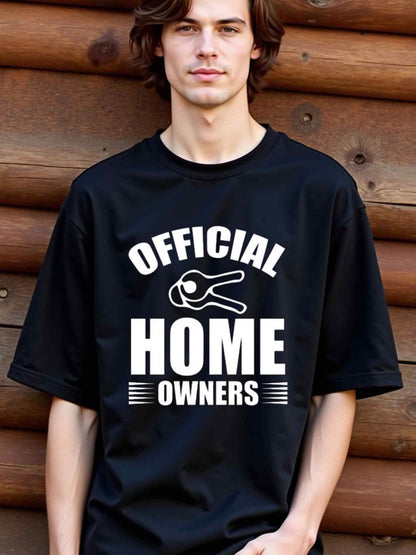 Men's Graphic T-Shirt Official Home Owners With Bold White Text And Cartoon Key
