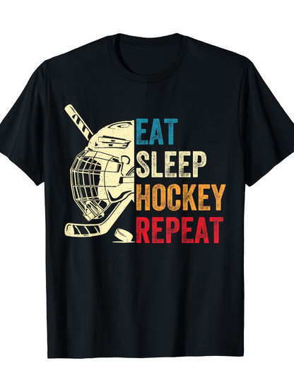 Men's Graphic T-Shirt Eat Sleep Hockey Repeat With Vintage Goalie Mask And Crossing Sticks